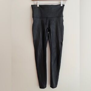 SPANX Black Faux Leather Leggings Power Waistband Smoothing Shaping Moto Edgy